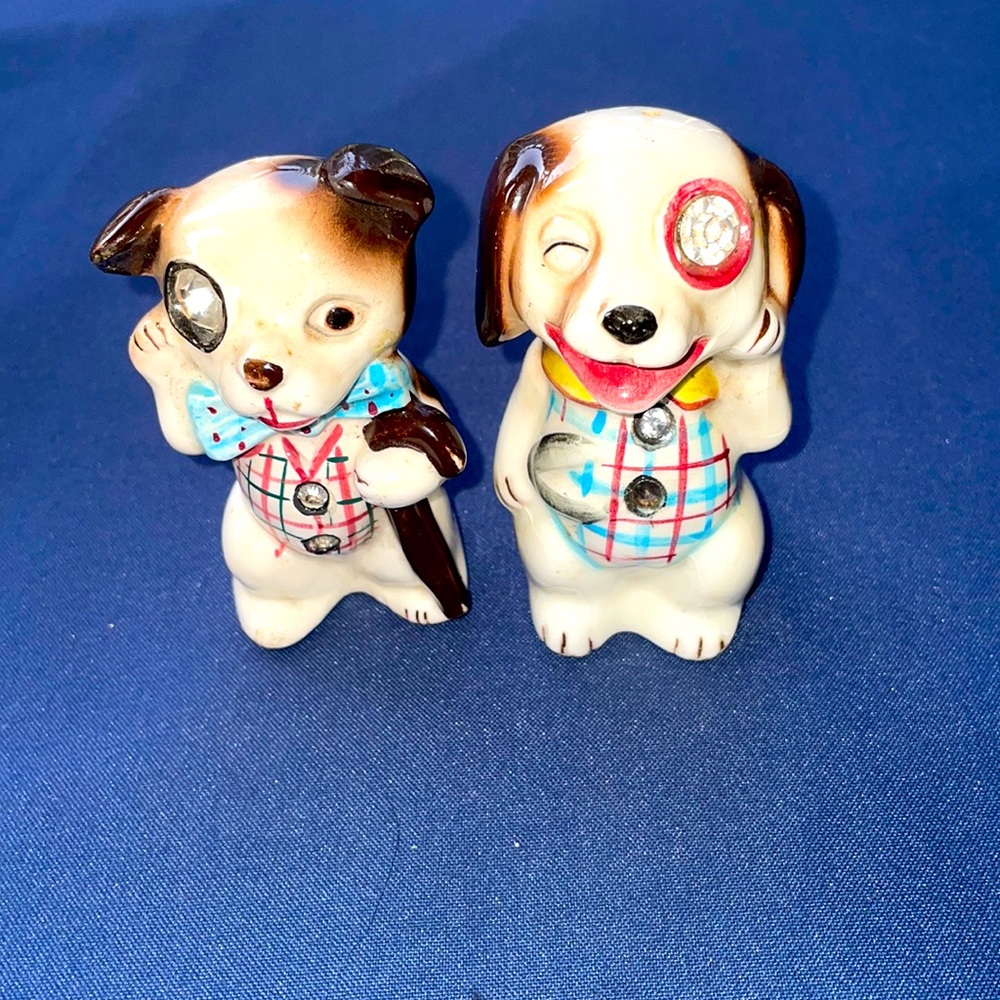 Vintage Lefton rhinestone fancy dog salt and pepper shakers